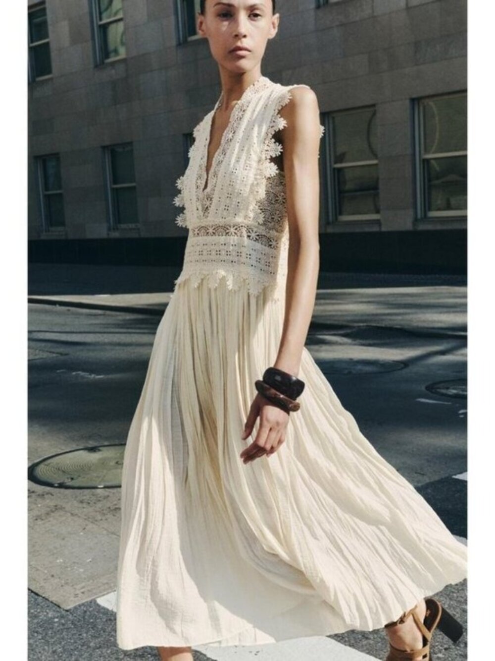 Zara Cream Lace & Pleated Midi Dress